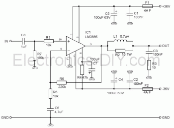 LM3886: 68W Power Amplifier circuit diagram
