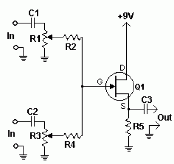 Audio Mixer based JFET 2N3819 circuit diagram