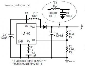 LT1070 Boost Converter, 5VDC to 12VDC