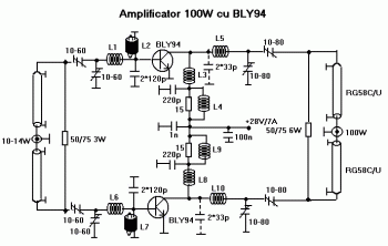 100W RF Amplifier with BLY94circuit diagram