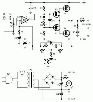 10W Transistored Audio Amplifier circuit diagram