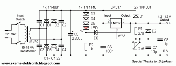 Power Supply 1.2 - 12V / 1A with low voltage LED Indicator circuit diagram