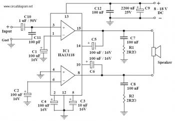 18W amplifier circuit based on IC HA13118