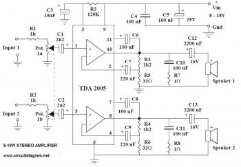 6-10W Stereo Audio Amplifier with IC TDA2005 circuit