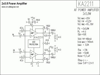 2x5.8W Stereo Power Amplifier with KA2211 circuit diagram
