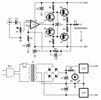 4 Transistors Headphone Amplifier with LM833 circuit diagram