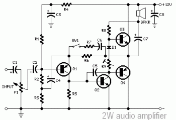 2W Audio Amplifier Circuit based TIP31A/TIP32A