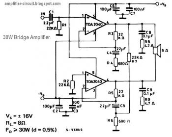 30W Bridge Amplifier Circuit based TDA2040