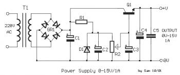 Simple Variable Power Supply 0-15VDC / 1A circuit diagram