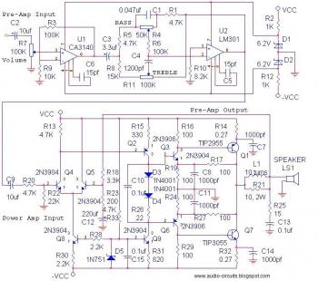 14Watt Audio Amplifier + pre-amp and tone control circuit diagram