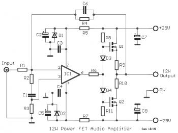 12W MOSFET Audio Amplifier 2SK135 / 2SJ50 circuit diagram