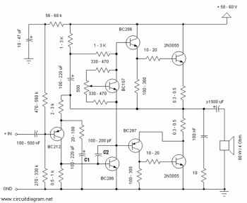 60W Power Audio Amplifier with 2N3055 circuit diagram