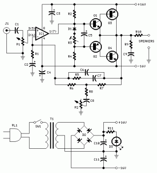 10W Audio Amplifier with Bass-boost<br /> circuit diagram