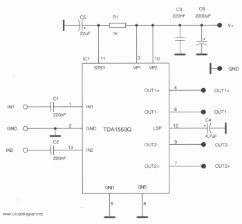 2x22W Stereo Car Audio Amplifier circuit diagram