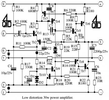 30W Transistored Amplifier Circuit with Low Distortion Feature