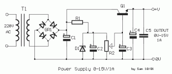 0-15V / 1A Adjustable Power Supply circuit diagram