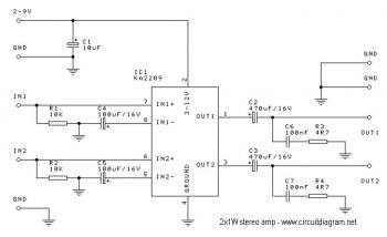 2x1W Stereo Amplifier with IC KA2209 circuit diagram