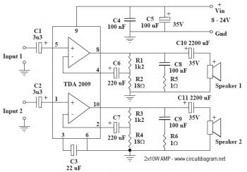 2x10W Audio Amplifier with TDA2009A circuit diagram