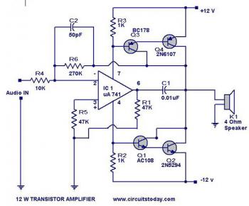 12 Watt Audio Amplifier - Electronic Schematic Diagram