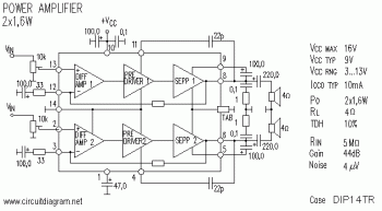 2x1.2W Dual Power Amplifier with KA2214 circuit diagram